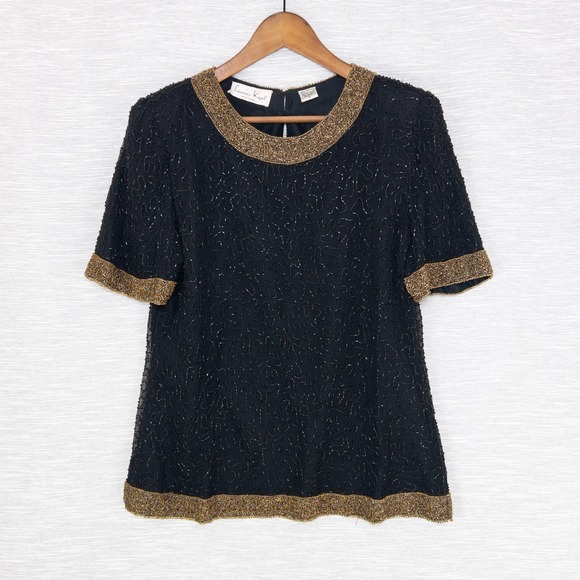 Laurence Kazar Tops - Vintage Laurence Kazar Beaded Top Women's Medium 100% Silk Black Gold Formal 80s